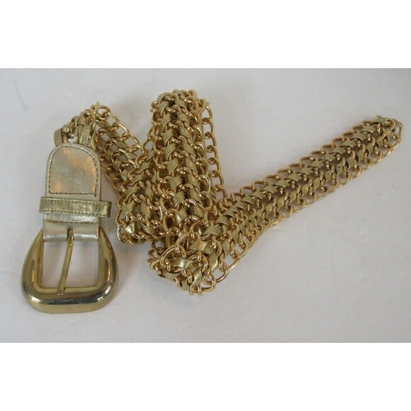 Gold Metal Braided Chain Belt Vintage Leather Connector Womens Size M/L - Picture 3 of 6